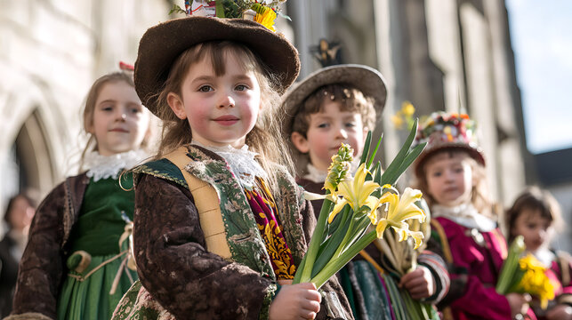 Saint David's Day with Welsh children wearing traditional clothes, holding national symbols such as leeks and lilies, standing in front of an old Gothic church. AI generated images.