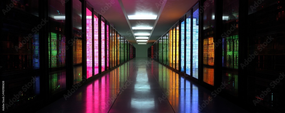 Poster a vibrant, illuminated corridor lined with colorful server racks creates a futuristic tech environme