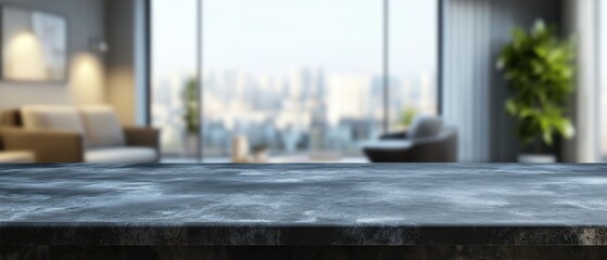 Elegant stone countertop in modern living room with city view and blurred background for product display