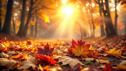 Autumnal Woodland Path Sunlit Carpet of Fallen Leaves in a Golden Forest