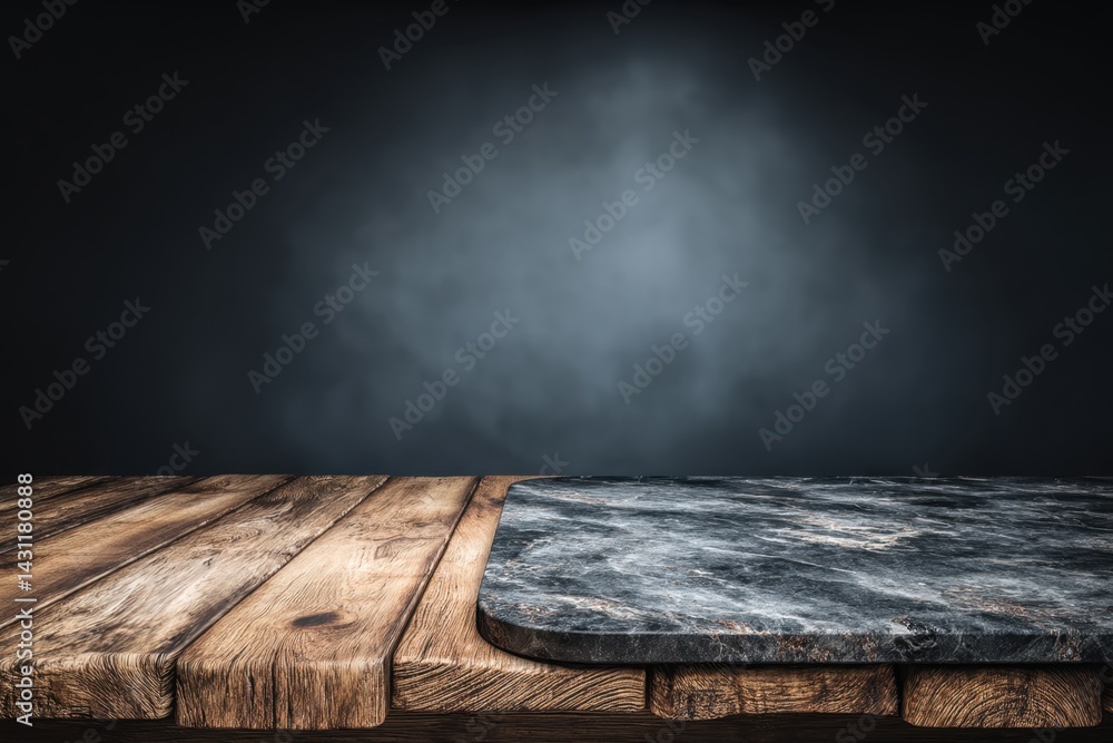 Aufkleber rustic wooden planks meet elegant marble surface against a moody dark backdrop creating a versatile 