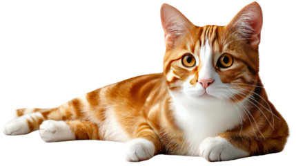 Ginger Cat in a Relaxed Pose: A captivating ginger cat with striking stripes and white markings reclines gracefully, exuding a sense of calm and contentment.