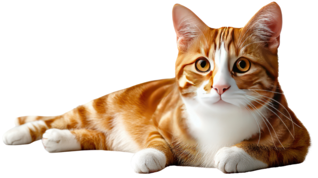 Ginger Cat in a Relaxed Pose: A captivating ginger cat with striking stripes and white markings reclines gracefully, exuding a sense of calm and contentment.