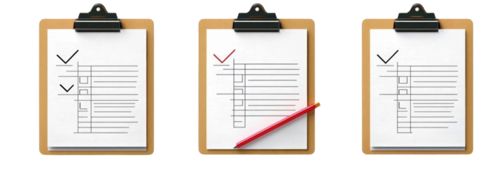 Three clipboards with checklists showing progress, highlighting organization and task management in a professional setting on transparent background