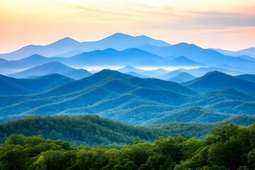 Fototapeta premium Serene Blue Ridge Mountains at Sunrise Majestic Peaks and Lush Forests