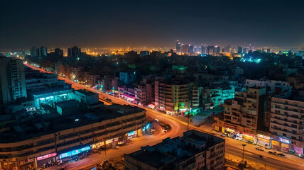 A glowing Karachi skyline with neon-lit buildings, flying cars above Clifton, and AI-powered traffic below.


