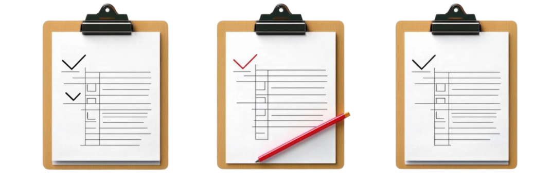 Three clipboards with checklists showing progress, highlighting organization and task management in a professional setting on transparent background