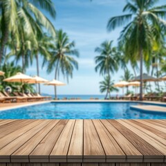 Serene tropical resort scene featuring a wooden deck overlooking a sparkling pool surrounded by palm trees under a clear blue sky