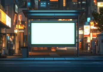 Obraz premium A modern bus stop with a blank white billboard at night on a city street, a mockup of a digital advertising panel,