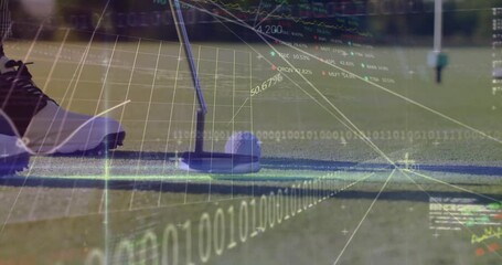 Male golfer preparing putt on green, displaying sports technology graphs and binary code overlays - Powered by Adobe
