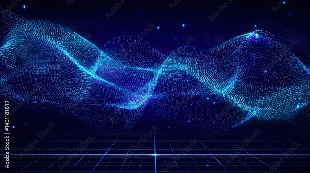 Aufkleber a digital wave composed of luminous blue lines, creating an abstract visual effect against a dark ba