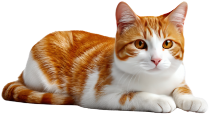 Ginger Cat's Regal Pose: A ginger tabby cat with striking orange and white fur reclines, displaying an air of elegance and feline grace. Its piercing gaze captures the viewer's attention.