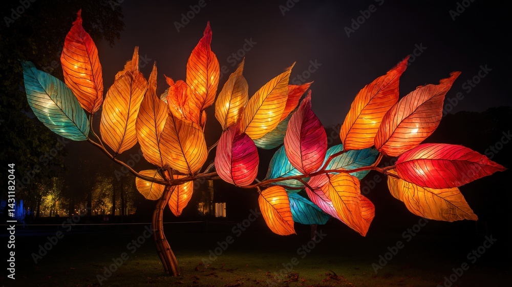Poster illuminated tree with colorful, leaf-shaped lights, creating a vibrant and artistic display in a nig