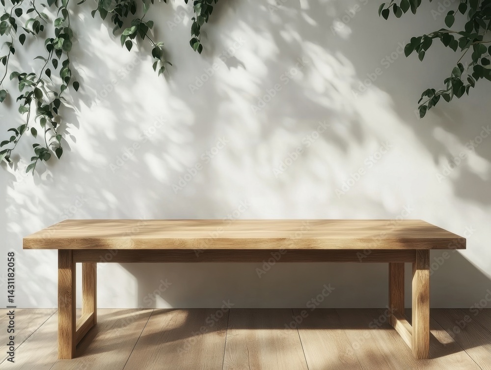 Poster elegant wooden table with natural light and plant shadows creating a serene and inviting atmosphere 