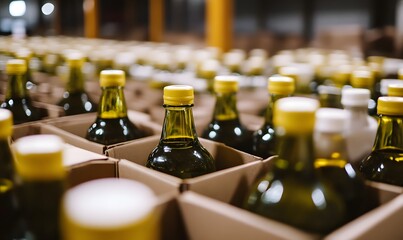 Close-up of olive oil bottles in cardboard boxes. In the background, there is an empty warehouse