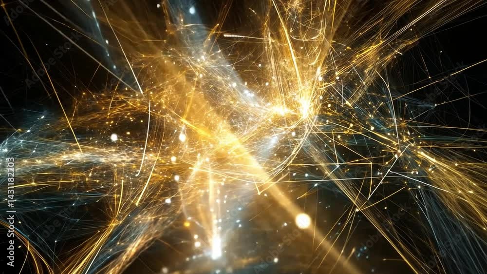 Poster vibrant abstract digital art dynamic golden and blue light trails evoking energy and movement in mes