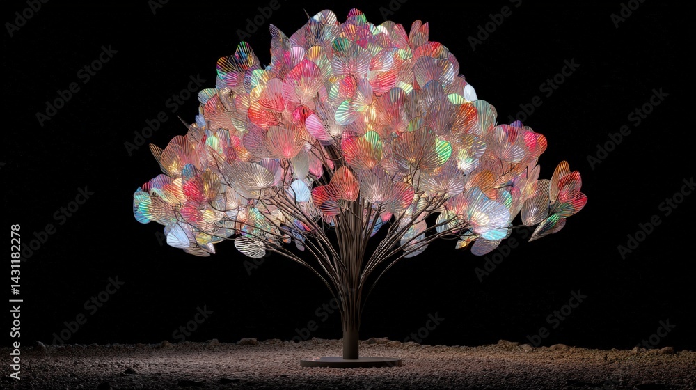 Poster a luminous tree made of colorful, translucent leaves, creating a magical and artistic display agains