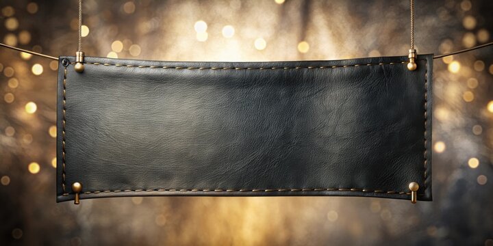 Elegant Black Leather Sign with Golden Accents Hanging Against a Sparkling Background