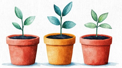 Obraz premium Three small potted plants with green leaves in colorful pots sit against a textured background, depicting growth and nature.