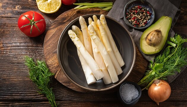 white asparagus with fresh ingredients in a dark ceramic bowl on rustic wood background for halthy nutrion and fitness