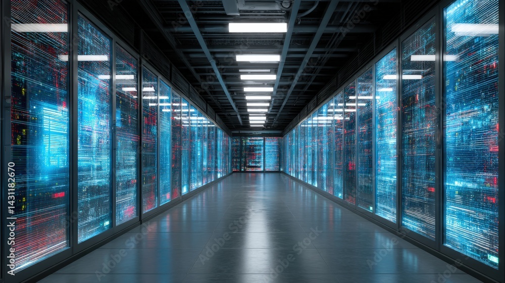 Poster a futuristic data center corridor lined with illuminated server racks, showcasing a high-tech enviro