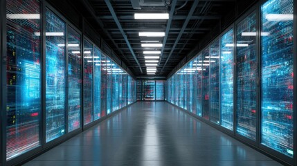 Fototapeta premium A futuristic data center corridor lined with illuminated server racks, showcasing a high-tech environment with blue and red lights.