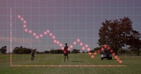 Golfers analyzing swing on fairway, showing sports analytics grid with pink data points - Powered by Adobe