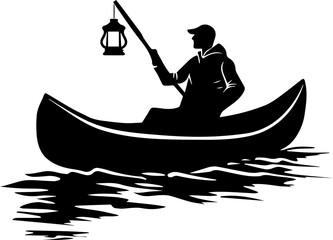 Canoe man and lantern black and white vector illustration, simple silhouette design