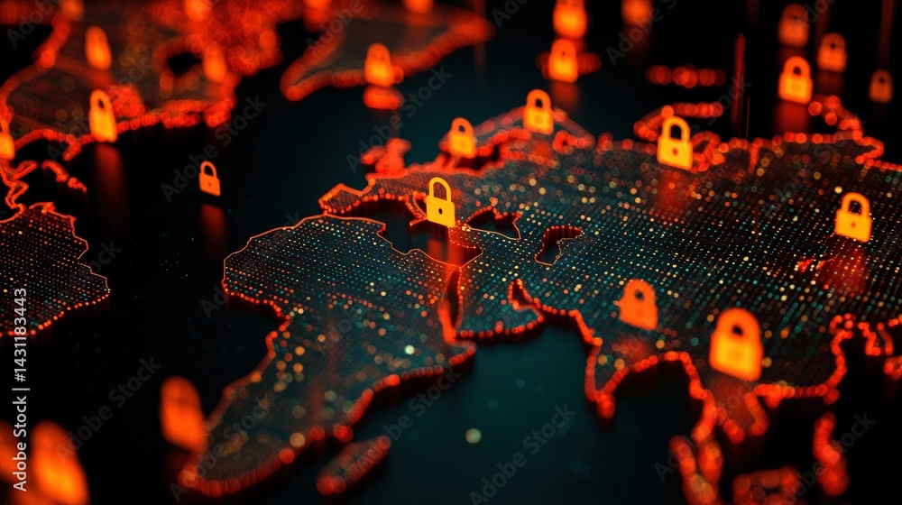 Poster a digital map showcasing a network of locks symbolizing security and privacy, with glowing orange hi