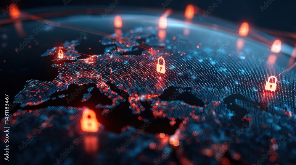 Poster a digital map of europe showcasing data security with glowing lock icons, symbolizing cybersecurity 