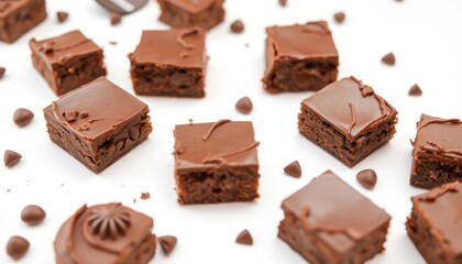 Chocolate brownies arranged on white background