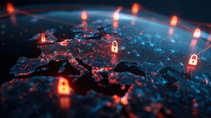 A digital map of Europe showcasing data security with glowing lock icons, symbolizing cybersecurity and network protection.
