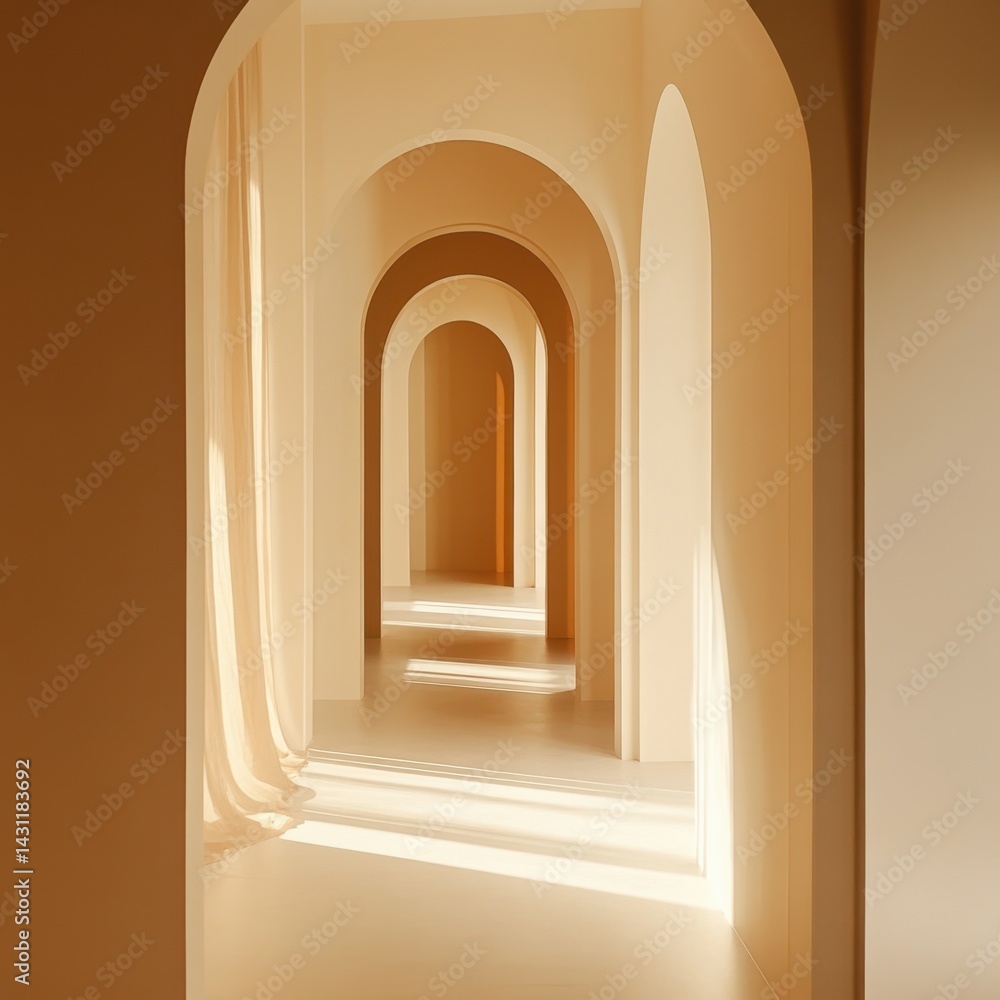 Poster serene archway perspective in warm neutral tones casting soft shadows creating a calming architectur