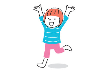 両手を上げて喜ぶ女の子のイラスト　手描きタッチ