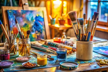 Fototapeta premium Candid Photo: Colorful Paintbrushes & Poster Paints Art Supplies