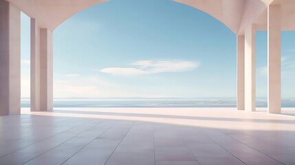 美しいアーチ型建築物の屋内で海と青空を望む穏やかなパノラマビュー