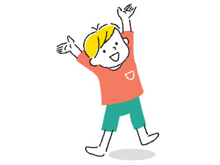 両手を上げて喜ぶ男の子のイラスト　手描きタッチ