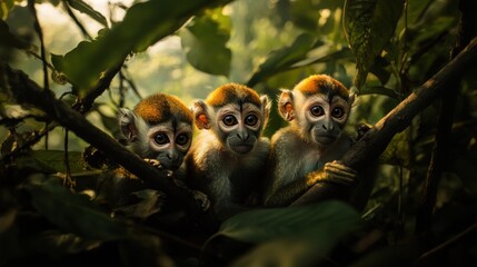 Fototapeta premium Three adorable baby monkeys nestled in a lush forest canopy. Golden light filters through the leaves, highlighting their curious faces