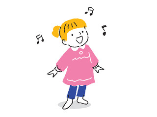 元気に楽しく歌を歌う女の子のイラスト　手描きタッチ