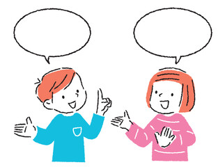 仲良く会話をする男女の子どもと吹き出しのイラスト　手描きタッチ