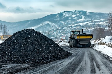 Black powder pile of coal on a construction site background. A pile of black soil on a mountain in the winter time. 