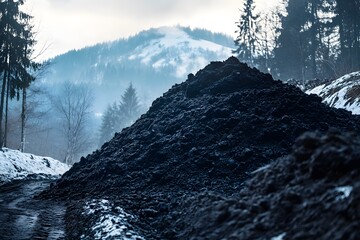 Black powder pile of coal on a construction site background. A pile of black soil on a mountain in the winter time. 