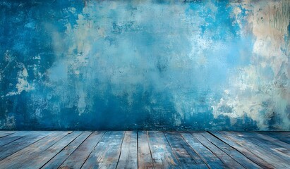 Blue wall and wooden floor background, interior scene. real photo, photography in the style of photography.