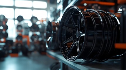 Close-up of new black rims on the shelf in a car workshop, with a blurred background displaying many wheels,