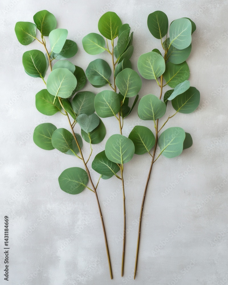 Poster elegant eucalyptus branches on textured gray backdrop creating a serene botanical composition with s