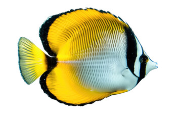 Vibrant Yellow and Black Butterflyfish Swimming in Clear Water on transparent background