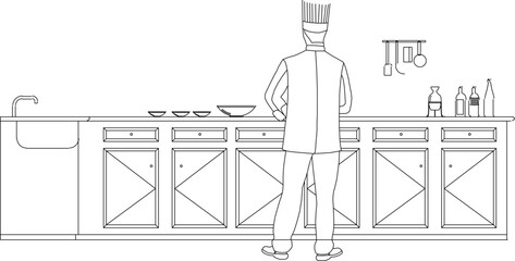 silhouette design vector illustration sketch of people doing activities in a modern kitchen set 