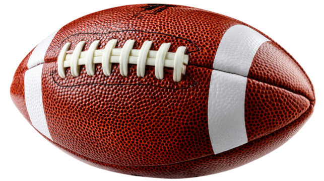 American Football: Close-up view of an American football, showcasing its textured leather surface, laces, and distinctive markings.  