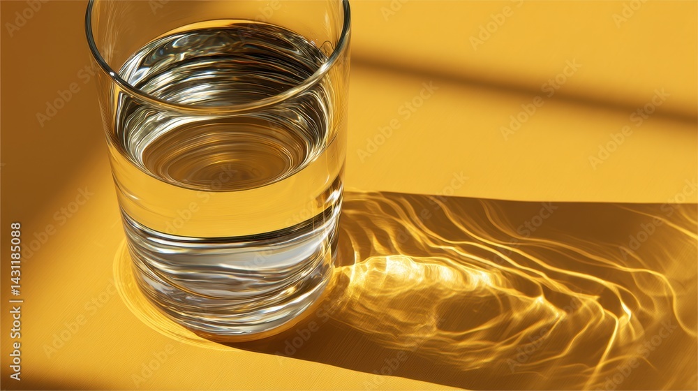 Poster minimalist still life featuring a clear glass of water casting intricate light patterns on a warm ye