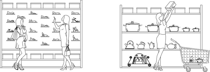 silhouette design vector illustration sketch of people shopping in malls and supermarkets